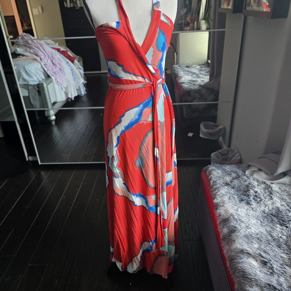 Karina Grimaldi Vibrant Red and Blue Maxi Dress